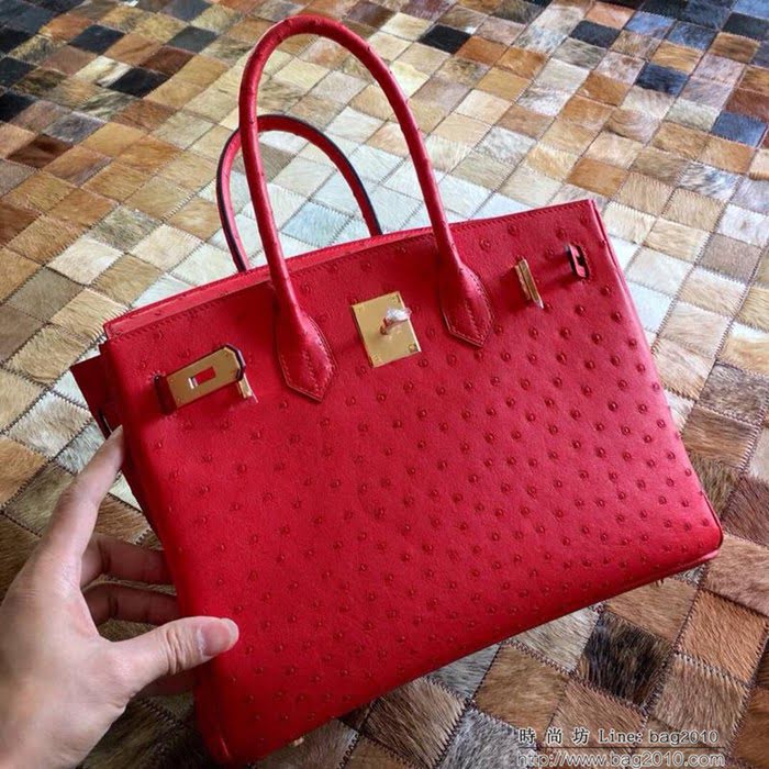 HERMES愛馬仕 鉑金包 Birkin 30 南非原產KK級鴕鳥皮 頂級工藝 中國紅 手縫蠟線 手提包  Ama1235